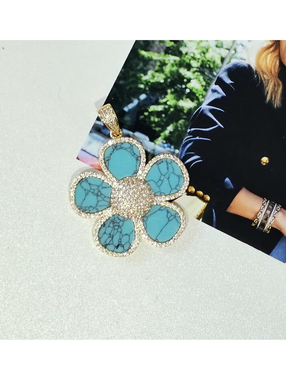 Freida Rothman Turquoise Flower Gold-plated CZ Pendant Charm